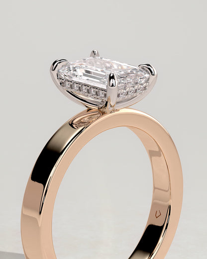 Carmella - Emerald Claw Solitaire with Flat Cigar Band and Hidden Halo Engagement Ring - Rose Two-Tone