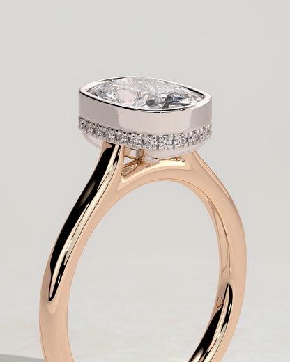 Everleigh - Elongated Cushion Bezel Solitaire with Hidden Halo and Cathedral High Setting Engagement Ring - Rose Two-Tone