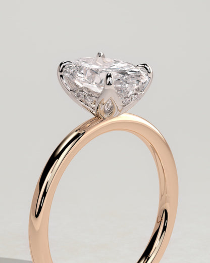 Ivy - Oval Claw Solitaire with Petal Gallery and Accented Tiara Detail Engagement Ring - Rose Two-Tone