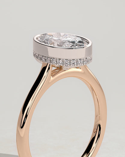 Sierra - Oval Bezel Solitaire with Hidden Halo and Cathedral High Setting Engagement Ring - Rose Two-Tone