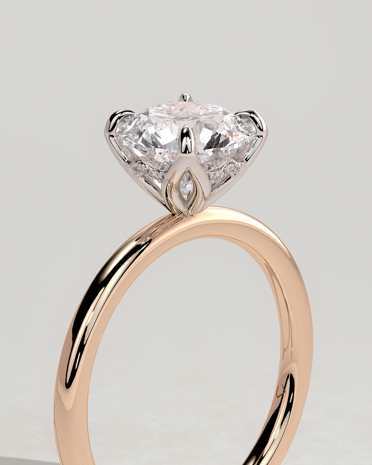 Dahlia - Round Claw Solitaire with Petal Gallery and Accented Tiara Detail Engagement Ring - Rose Two-Tone