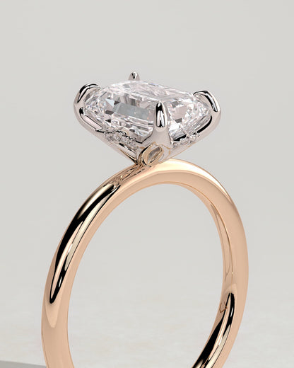 Freesia - Emerald Claw Solitaire with Petal Gallery and Accented Tiara Detail Engagement Ring - Rose Two-Tone