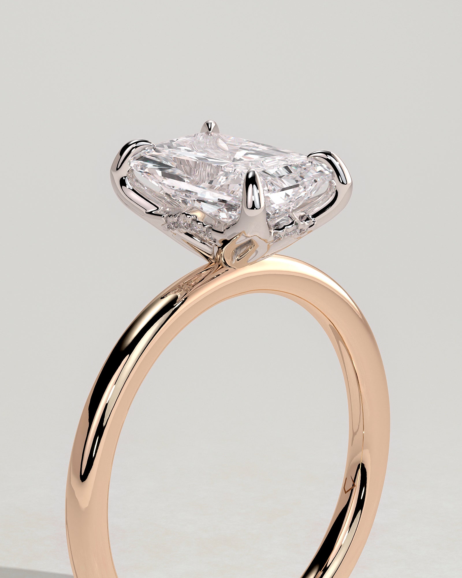 Aster - Radiant Claw Solitaire with Petal Gallery and Accented Tiara Detail Engagement Ring - Rose Two-Tone - Rose Two-Tone 2ct