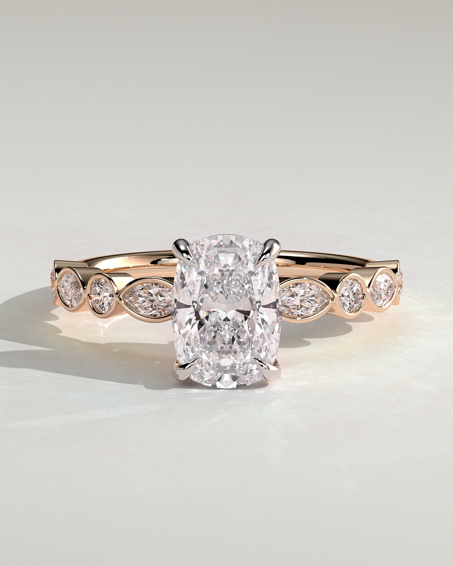 Carrie - Elongated Cushion Claw Solitaire with Round-Marquise Bezel Accent Stones Engagement Ring - Rose Two-Tone - Rose Two-Tone 2ct