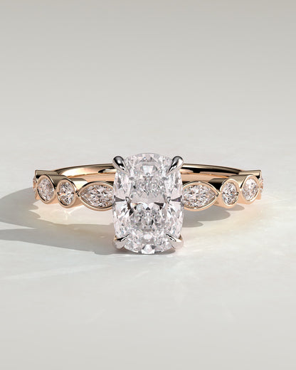Carrie - Elongated Cushion Claw Solitaire with Round-Marquise Bezel Accent Stones Engagement Ring - Rose Two-Tone