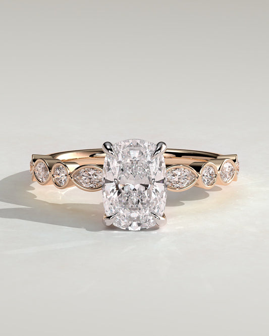 Carrie - Elongated Cushion Claw Solitaire with Round-Marquise Bezel Accent Stones Engagement Ring - Rose Two-Tone