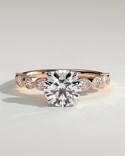 Cartia - Round Claw Solitaire with Round-Marquise Bezel Accent Stones Engagement Ring - Rose Two-Tone