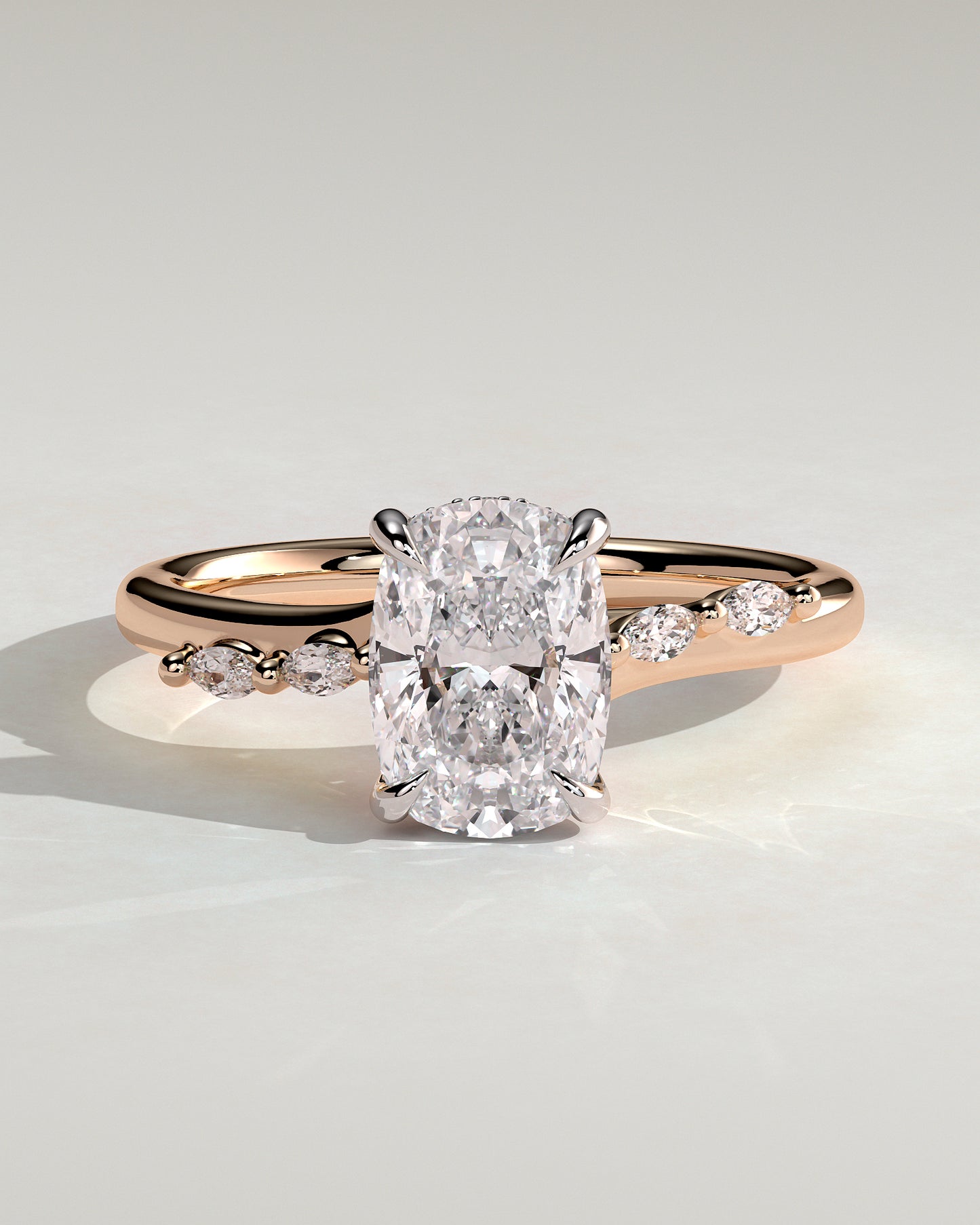 Elle - Elongated Cushion Claw Solitaire with Hidden Halo, Opposing Marquise Accents and Cathedral High Setting Engagement Ring - Rose Two-Tone - Rose Two-Tone 2ct