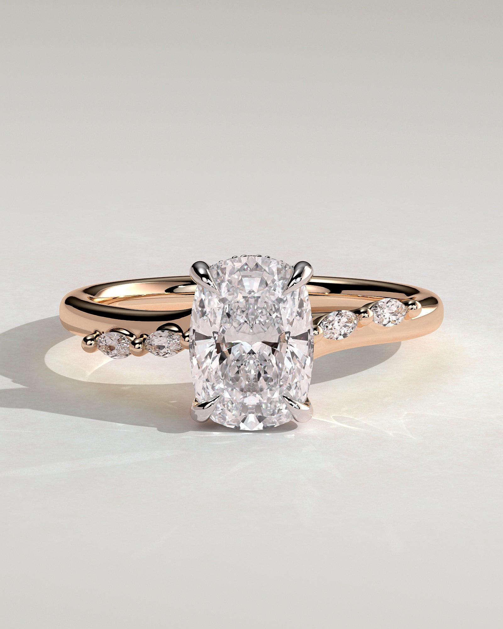 Elle - Elongated Cushion Claw Solitaire with Hidden Halo, Opposing Marquise Accents and Cathedral High Setting Engagement Ring - Rose Two-Tone - Rose Two-Tone 2ct