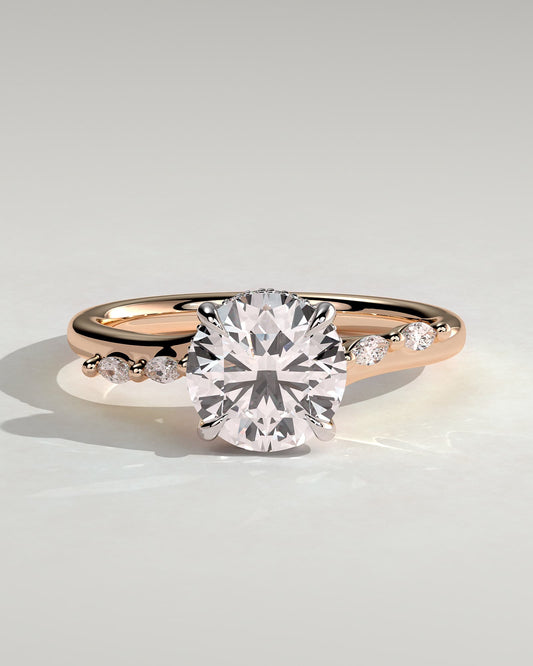Leslie - Round Claw Solitaire with Hidden Halo, Opposing Marquise Accents and Cathedral High Setting Engagement Ring - Rose Two-Tone