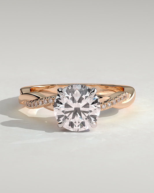 Lorelai - Round Claw Solitaire with Hidden Halo and Twisted Alternating Pave Band Engagement Ring - Rose Two-Tone