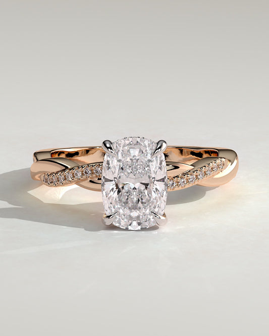 Violetta - Elongated Cushion Claw Solitaire with Hidden Halo and Twisted Alternating Pave Band Engagement Ring - Rose Two-Tone