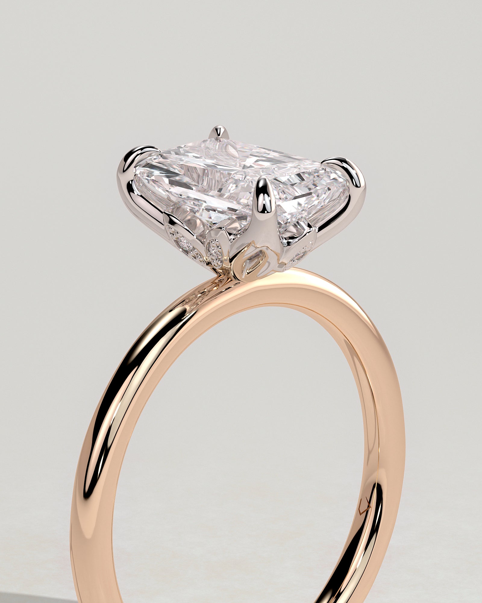 Evie - Radiant Claw Solitaire with Petal Gallery and Accent Leaf Detail Engagement Ring - Rose Two-Tone - Rose Two-Tone 2ct
