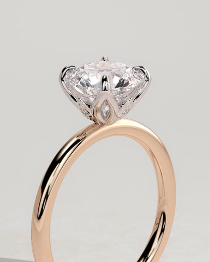 Joy - Round Claw Solitaire with Petal Gallery and Accent Leaf Detail Engagement Ring - Rose Two-Tone