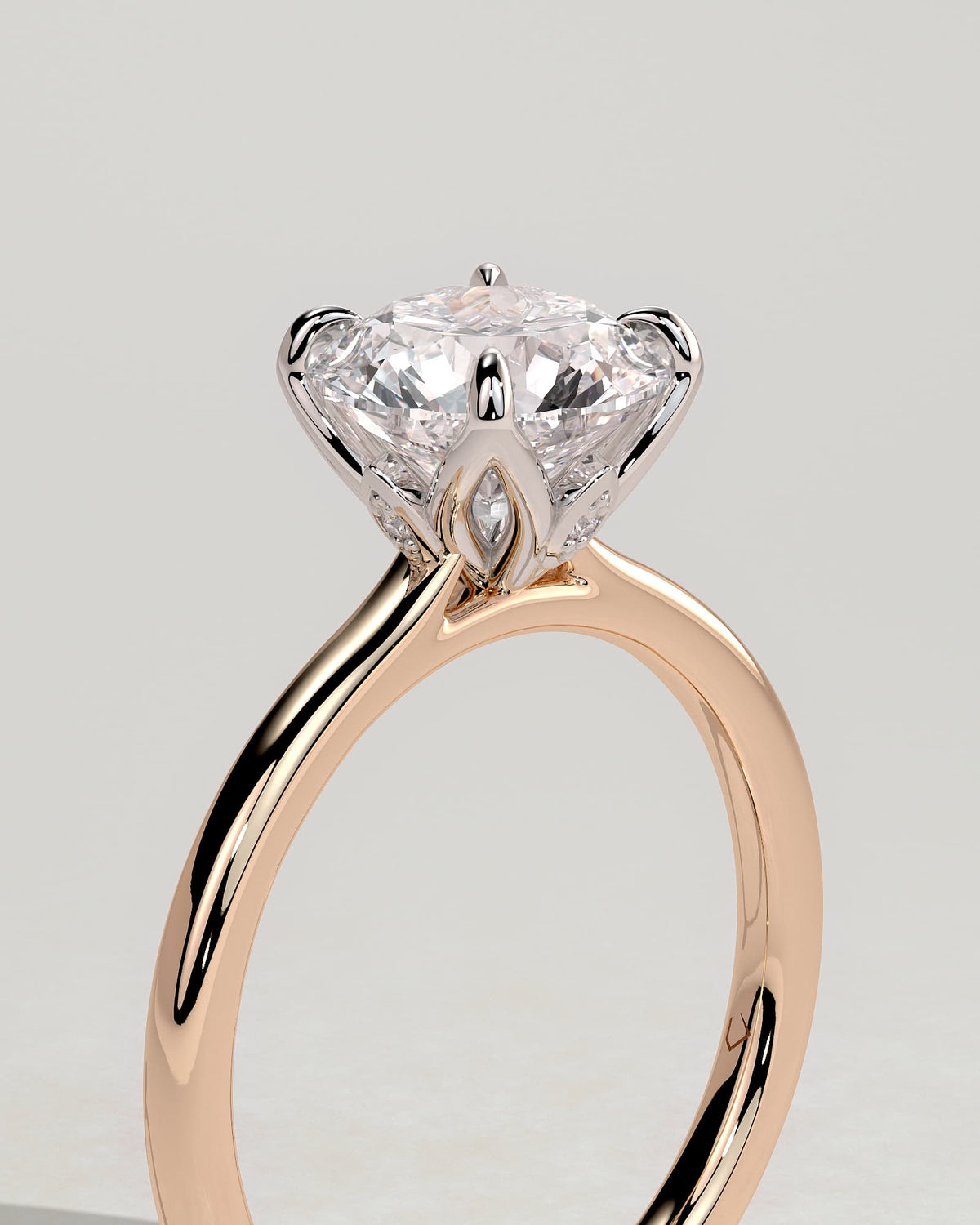 Brianna - Round Claw Solitaire with Petal Gallery, Accent Leaf Detail and Cathedral Setting Engagement Ring - Rose Two-Tone