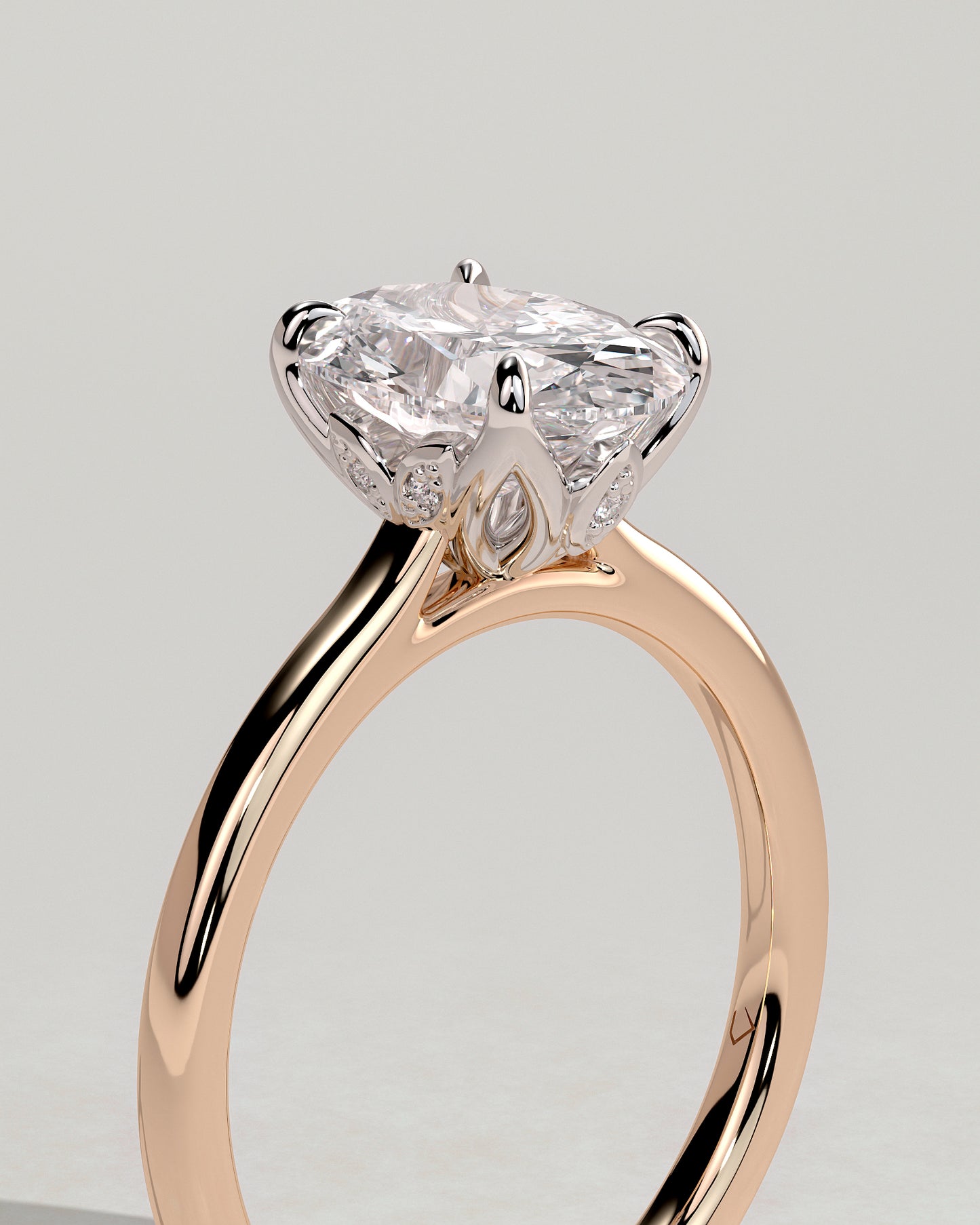 Erica - Oval Claw Solitaire with Petal Gallery, Accent Leaf Detail and Cathedral Setting Engagement Ring - Rose Two-Tone - Rose Two-Tone 2ct