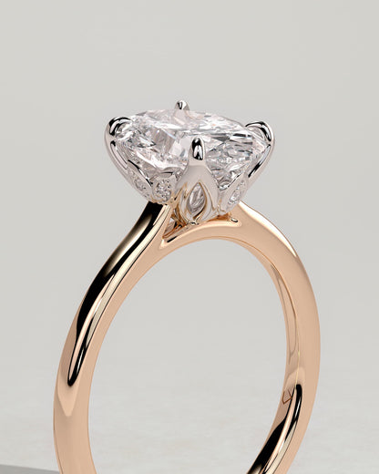 Erica - Oval Claw Solitaire with Petal Gallery, Accent Leaf Detail and Cathedral Setting Engagement Ring - Rose Two-Tone