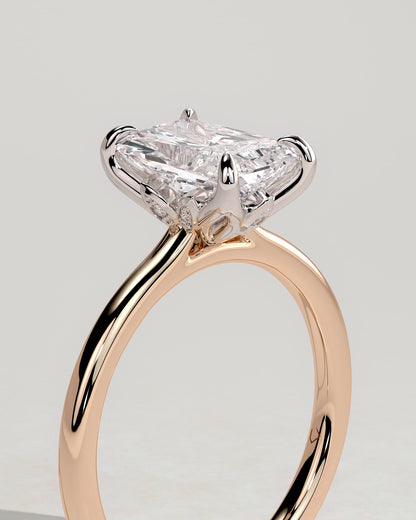 Harriet - Radiant Claw Solitaire with Petal Gallery, Accent Leaf Detail and Cathedral Setting Engagement Ring - Rose Two-Tone