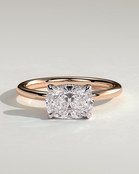 Frida - Elongated Cushion East West Claw Solitaire with Hidden Halo Engagement Ring - Rose Two-Tone