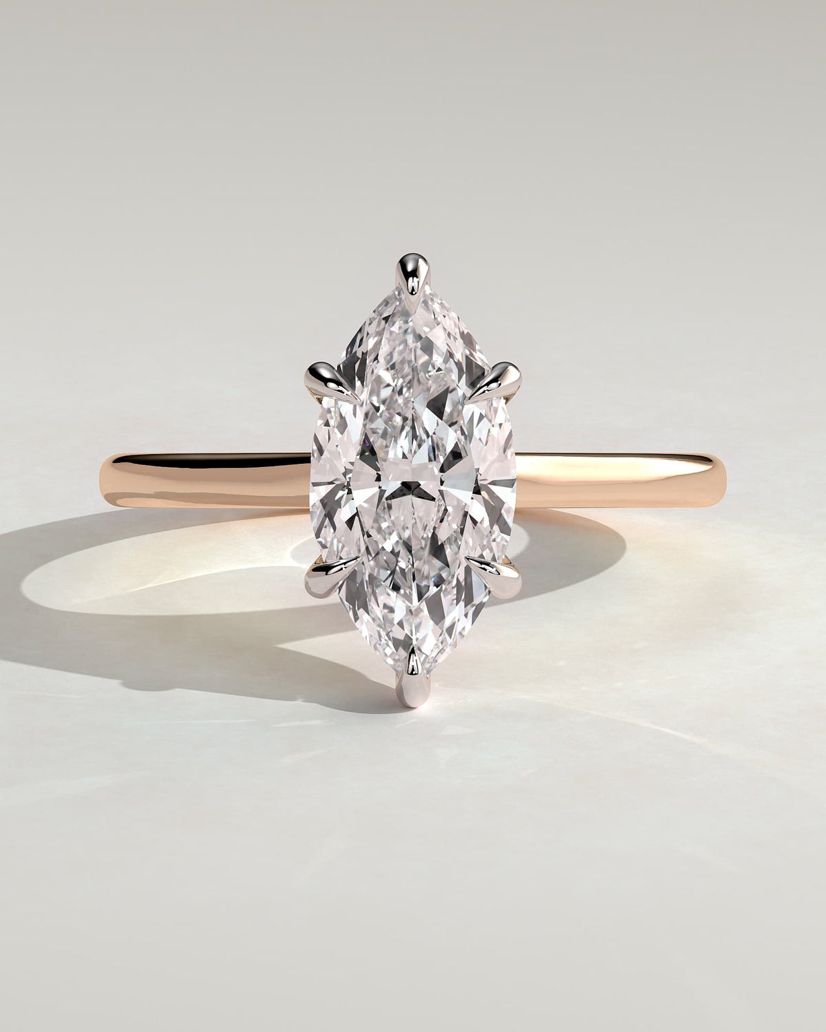 Jenna - Marquise Claw Solitaire with Hidden Halo and Cathedral High Setting Engagement Ring - Rose Two-Tone