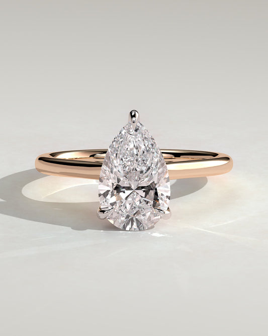 Kimberly - Pear Claw Solitaire with Hidden Halo and Cathedral High Setting Engagement Ring - Rose Two-Tone