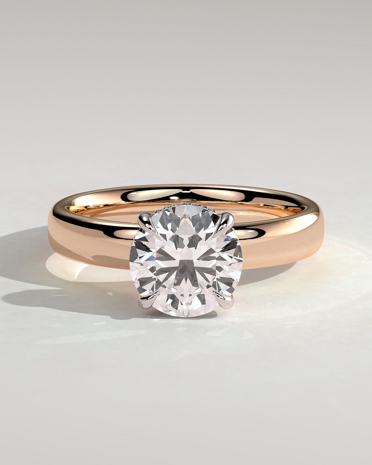 Kylie - Statement Round Claw Solitaire with Cigar Band and Hidden Halo Engagement Ring - Rose Two-Tone
