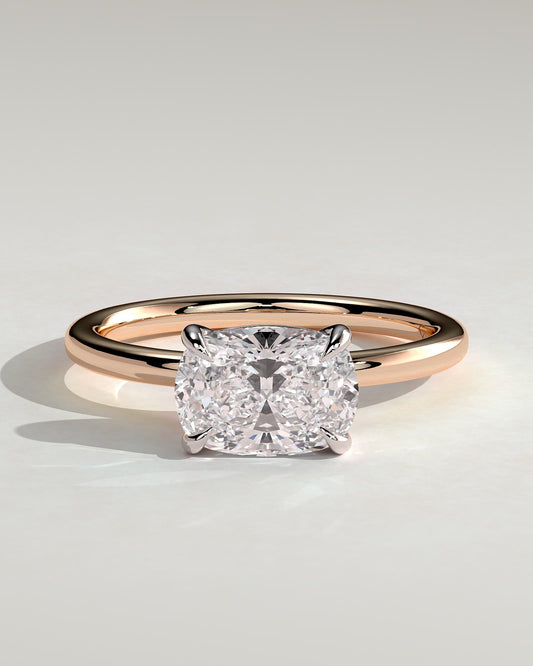 Lucille - Elongated Cushion East West Claw Solitaire Engagement Ring - Rose Two-Tone