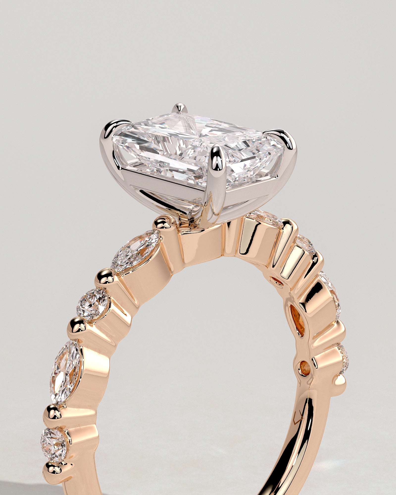 Dayna - Radiant Claw Solitaire with Marquise and Round Accent Stones Engagement Ring - Rose Two-Tone - Rose Two-Tone 2ct