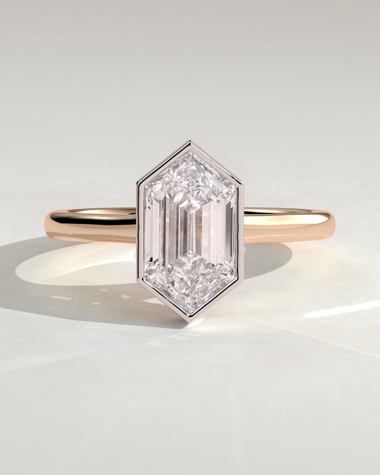 Gloria - Elongated Hexagon Bezel Solitaire with Hidden Halo and Cathedral High Setting Engagement Ring - Rose Two-Tone