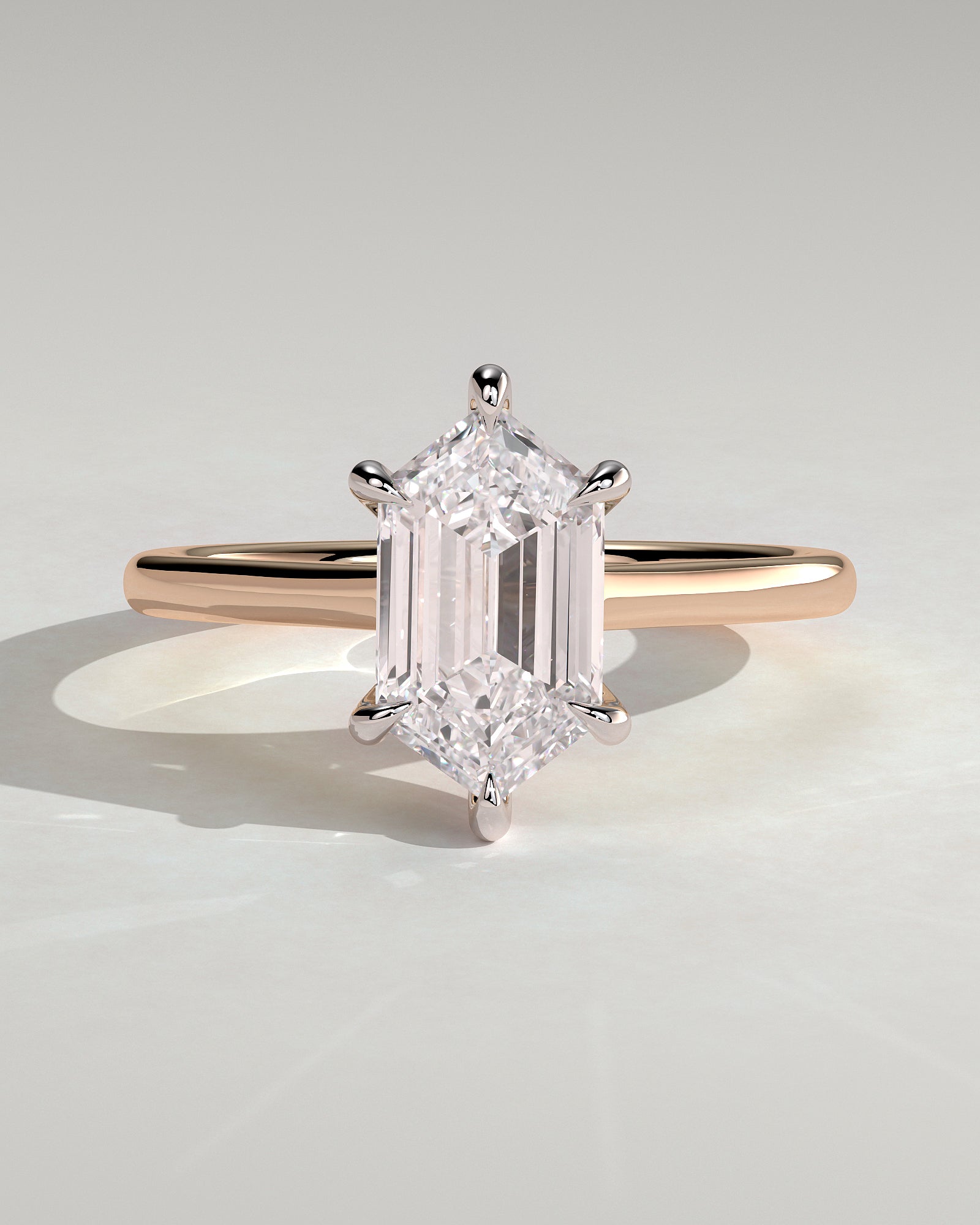 Anastasia - Elongated Hexagon Claw Solitaire with Hidden Halo and Cathedral High Setting Engagement Ring - Rose Two-Tone - Rose Two-Tone 2ct