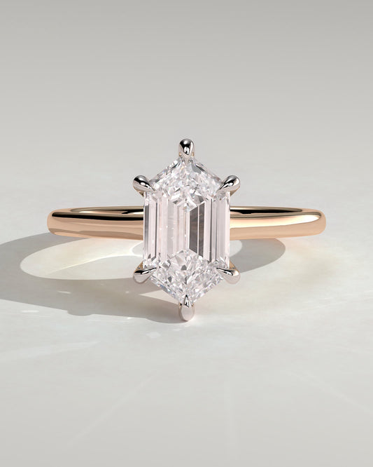 Anastasia - Elongated Hexagon Claw Solitaire with Hidden Halo and Cathedral High Setting Engagement Ring - Rose Two-Tone