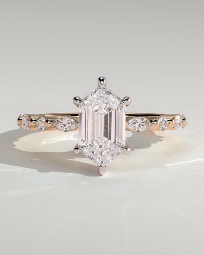 Agnes - Elongated Hexagon Claw Solitaire with Marquise and Round Accent Stones Engagement Ring - Rose Two-Tone - rose two-tone - Lara Jewels