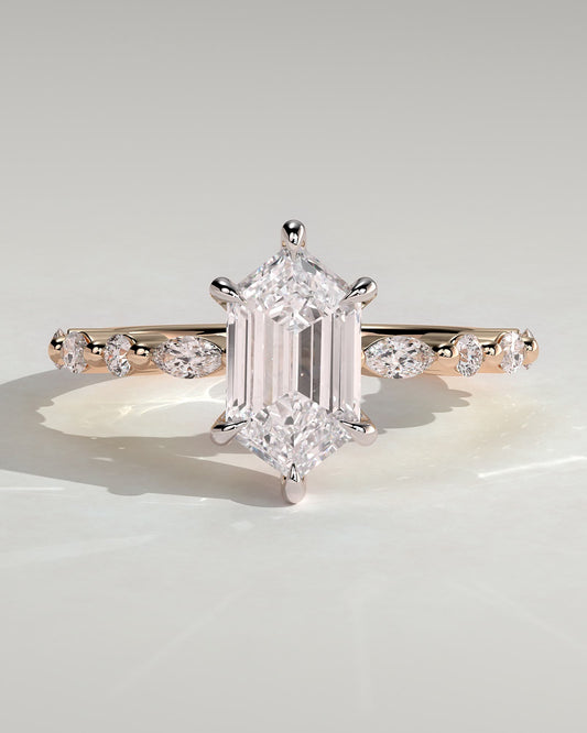 Agnes - Elongated Hexagon Claw Solitaire with Marquise and Round Accent Stones Engagement Ring - Rose Two-Tone - rose two-tone - Lara Jewels