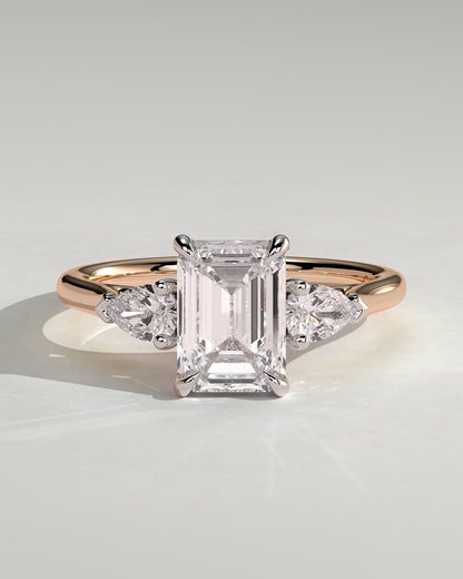 Davina - Emerald Claw Trilogy with Pear Side Stones and Cathedral Setting Engagement Ring - Rose Two-Tone