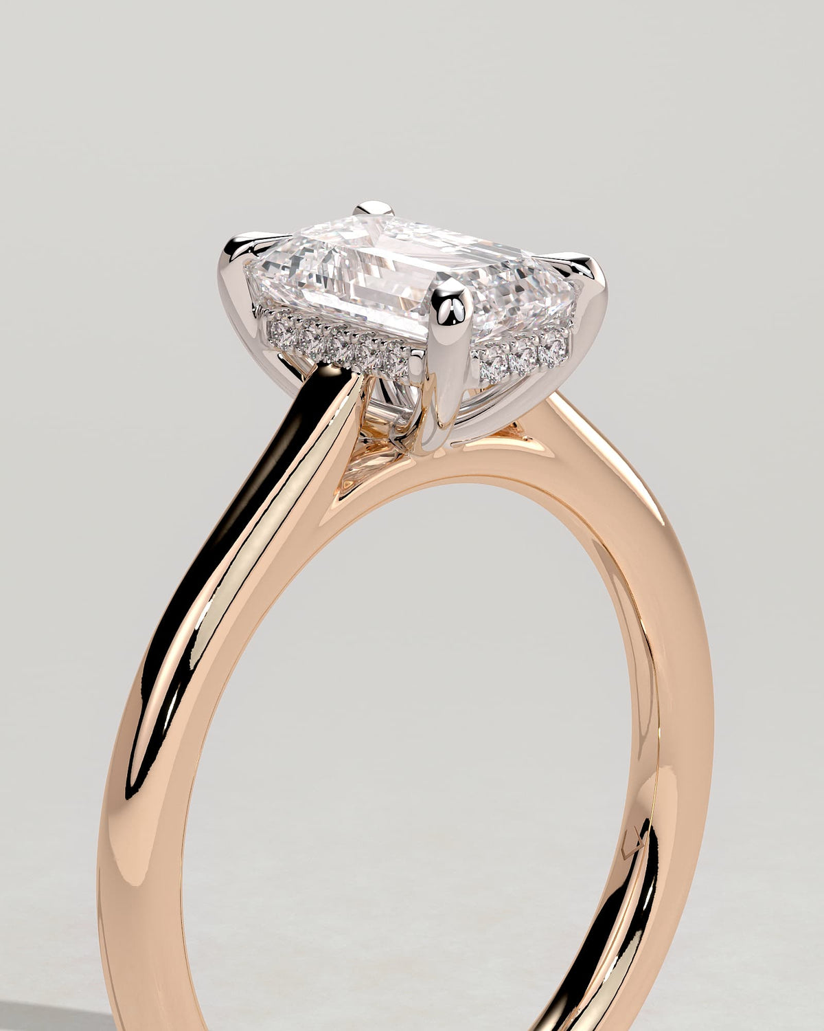Jane - Emerald Claw Solitaire with Hidden Halo and Cathedral High Setting Engagement Ring - Rose Two-Tone