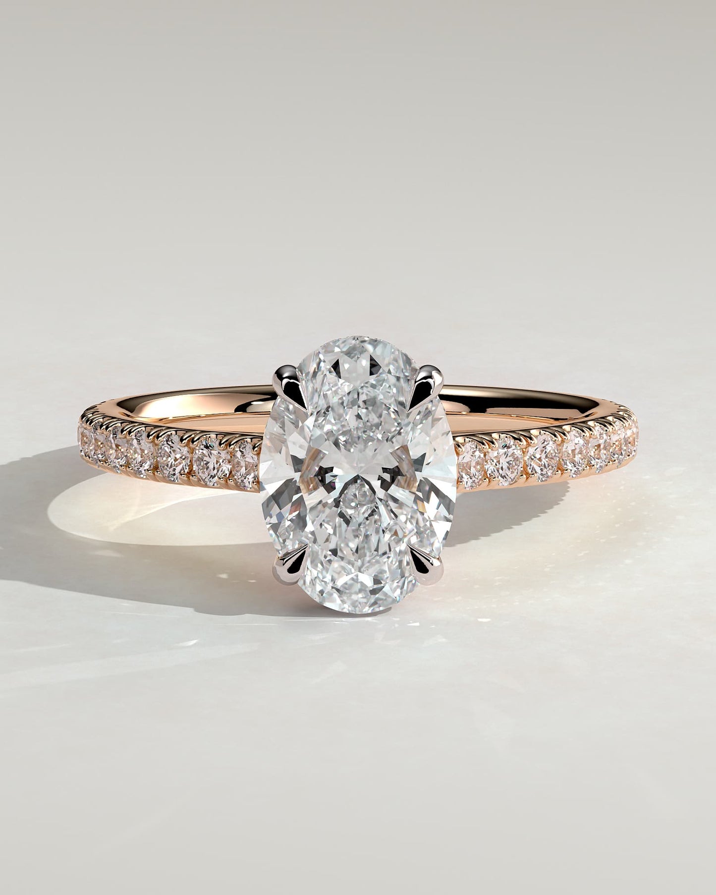 Julia - Oval Claw Solitaire with Hidden Halo, Pave Band and Cathedral High Setting Engagement Ring - Rose Two-Tone
