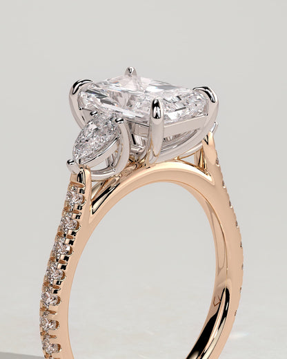 Ginny - Radiant Claw Trilogy with Pear Side Stones and Pave Band Engagement Ring - Rose Two-Tone