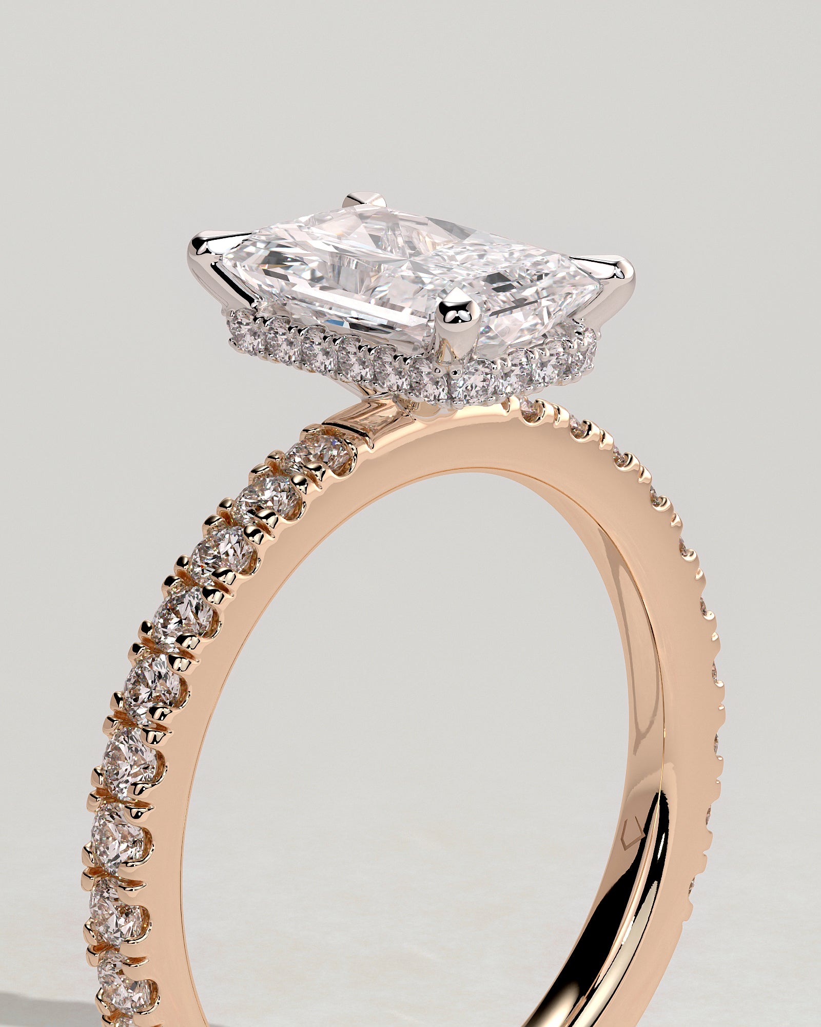 Ellie - Radiant Claw Solitaire with Wrap Around Hidden Halo and Pave Band Engagement Ring - Rose Two-Tone - Rose Two-Tone 2ct