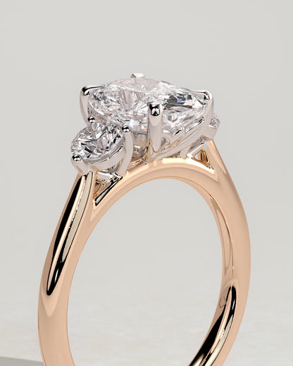 Charmaine - Elongated Cushion Claw Trilogy with Round Side Stones and Lily Detail Engagement Ring - Rose Two-Tone