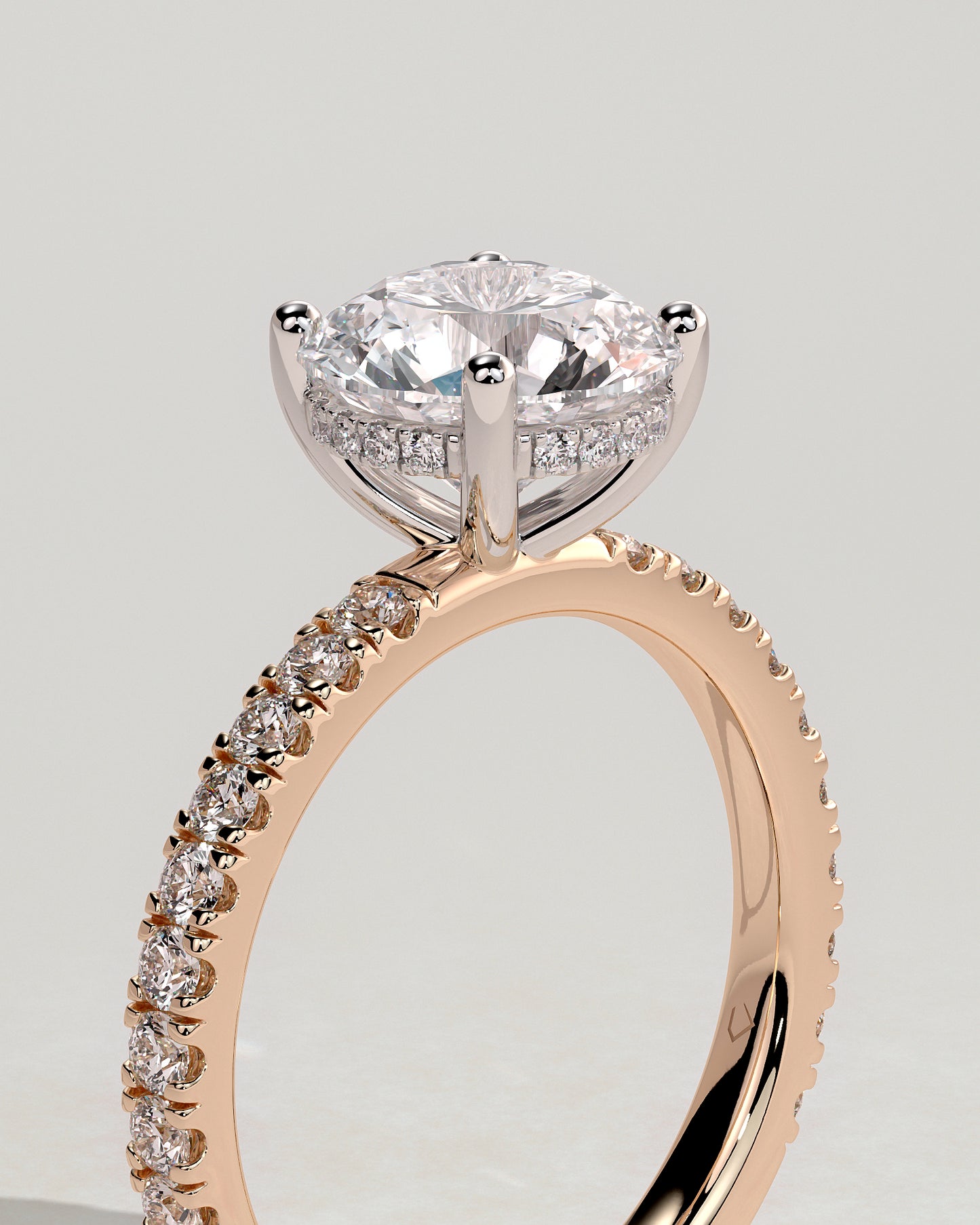 Charlie - Round Claw Solitaire with Hidden Halo and Pave Band Engagement Ring - Rose Two-Tone - Rose Two-Tone 2ct