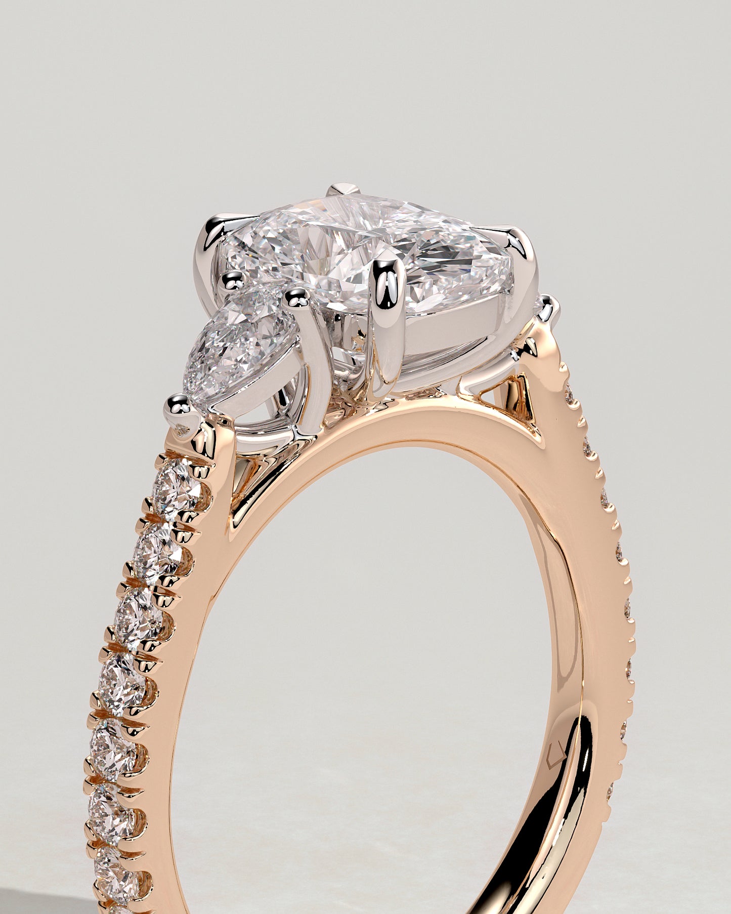 Bree - Elongated Cushion Claw Trilogy with Pear Side Stones and Pave Band Engagement Ring - Rose Two-Tone - Rose Two-Tone 2ct
