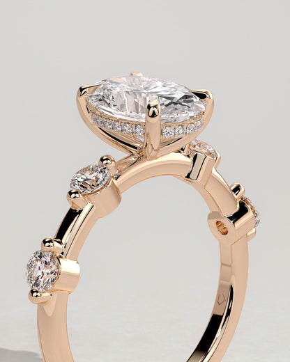 Arwen - Oval Claw Solitaire with 4 Spaced Round Accent Stones and Hidden Halo Engagement Ring - Rose Gold