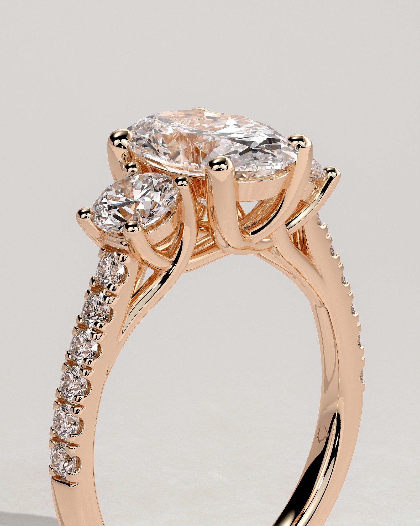 Aviana - Oval Claw Trilogy with Round Side Stones, Pave Band and Trellis Gallery  Engagement Ring - Rose Gold - Rose Gold 2ct