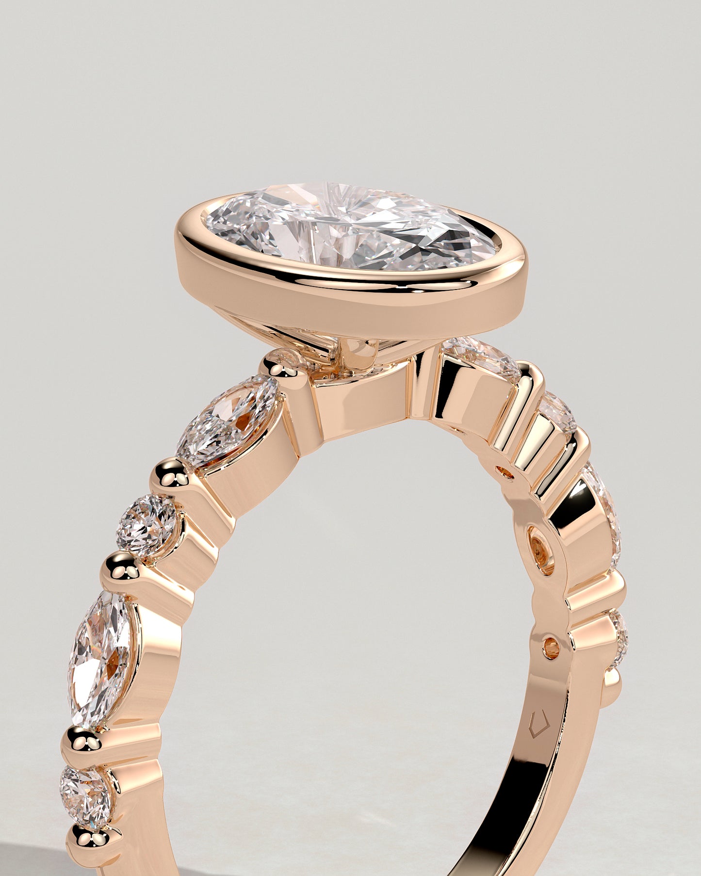 Aylin - Oval Bezel Solitaire with Marquise-Round Accent Stones Engagement Ring - Rose Gold - Rose Gold 2ct