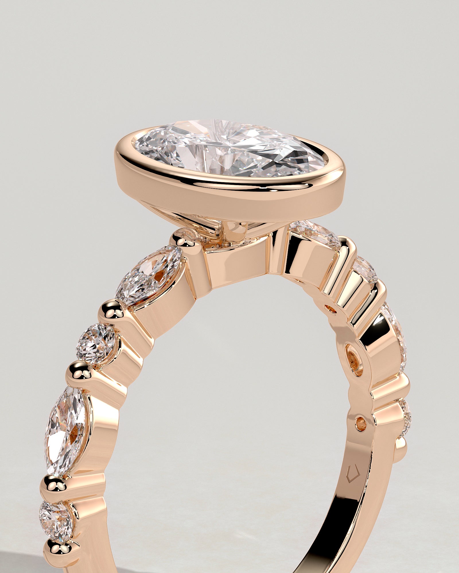 Aylin - Oval Bezel Solitaire with Marquise-Round Accent Stones Engagement Ring - Rose Gold - Rose Gold 2ct