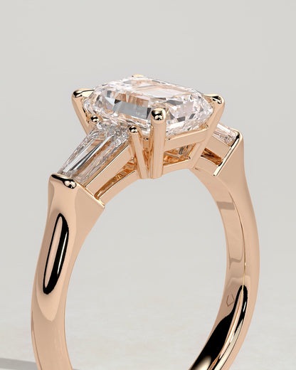 Bridget - Emerald Claw Trilogy with Tapered Baguette Side Stones and Cathedral Setting Engagement Ring - Rose Gold