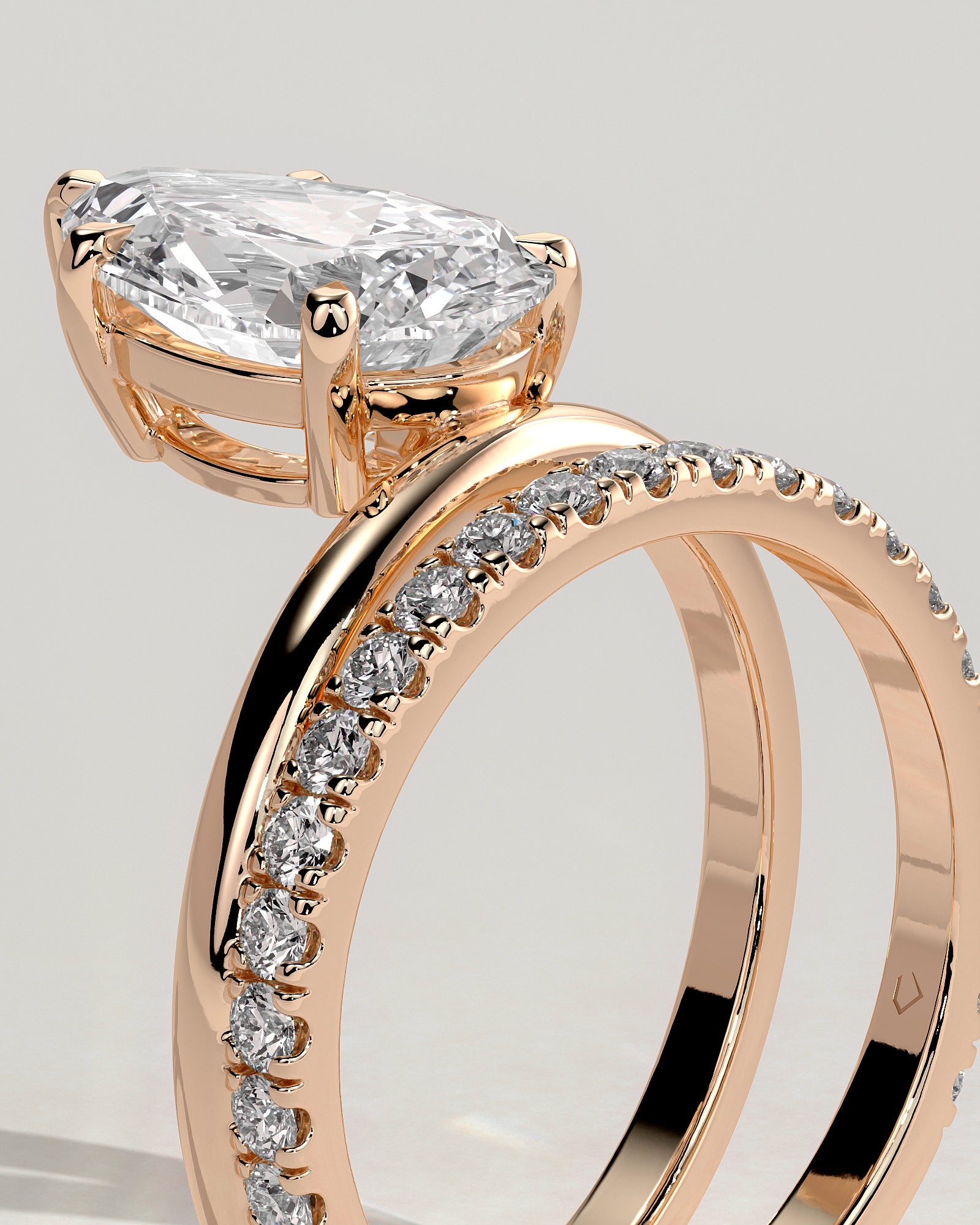 Candice - Pear Claw Solitaire with Double Pave and Plain Band Engagement Ring - Rose Gold - Rose Gold 2ct