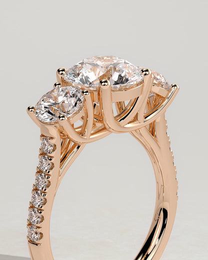 Ella - Round Claw Trilogy with Round Side Stones, Pave Band and Trellis Gallery  Engagement Ring - Rose Gold