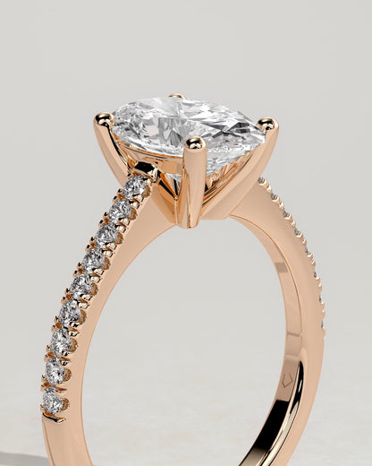 Eloise - Oval Claw Solitaire with Pave Band and Solid Cathedral Low Setting Engagement Ring - Rose Gold