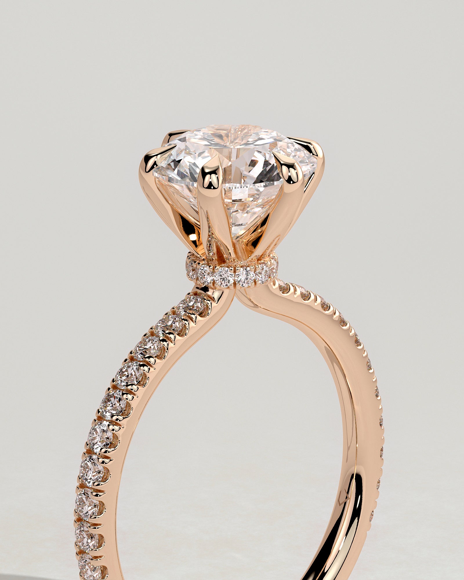 Holly - Round Claw Solitaire with Pave Band and Pave Collar Engagement Ring - Rose Gold - Rose Gold 2ct